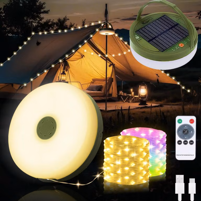 Kit di illuminazione da campeggio, 10 metri di LED, alimentazione solare + USB, grado di protezione IPX4, 8 modalità