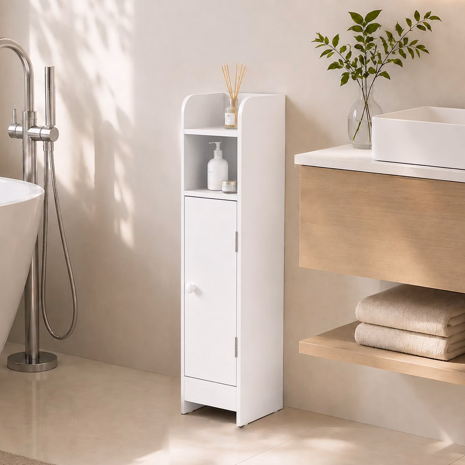 Mobiletto bagno salvaspazio stretto HOMCOM, bianco, design moderno con ripiani interni e ante a battente – 2