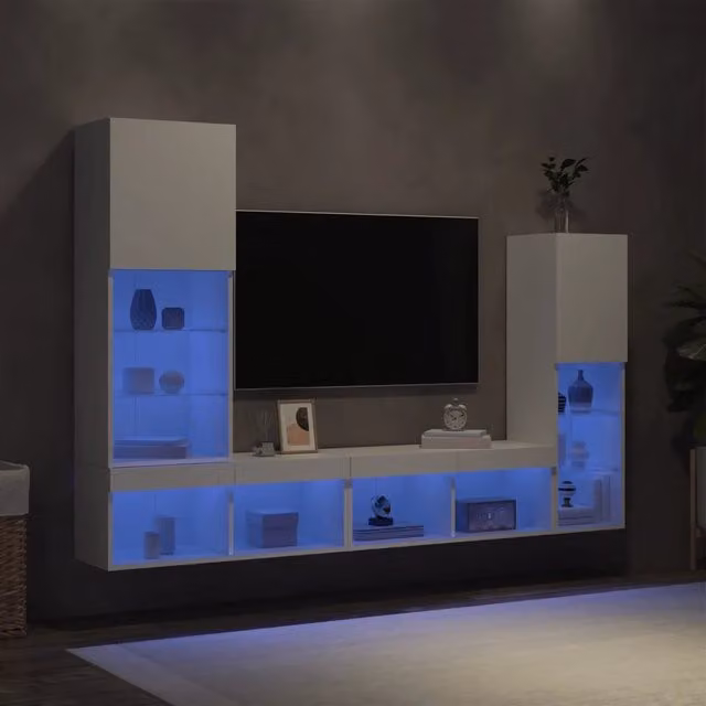 Mobile TV da parete vidaXL in legno multistrato bianco con illuminazione LED integrata e scomparti multimediali – 1