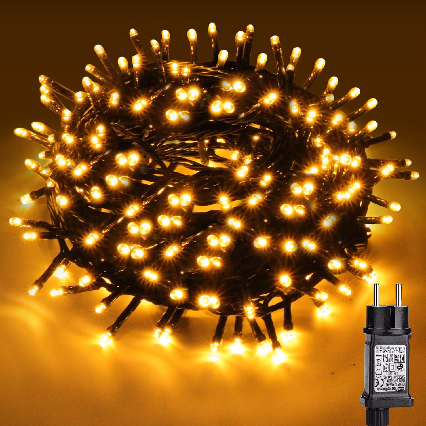 Catena luminosa da 10 metri con 100 LED, luce bianca calda, con timer e funzione di memorizzazione