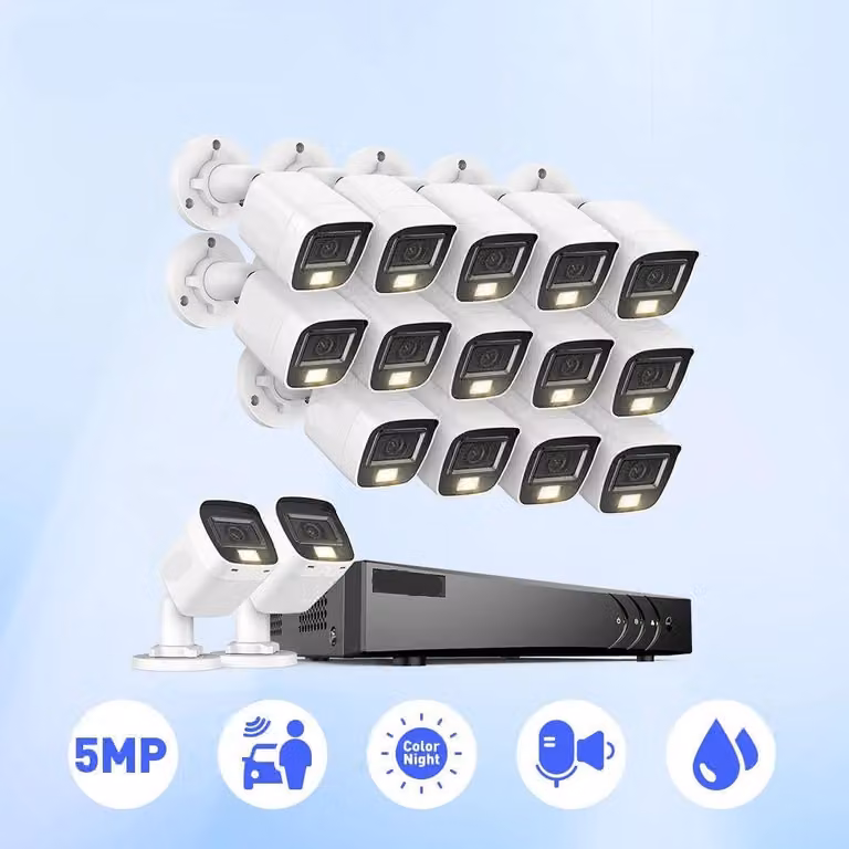 Sistema di videosorveglianza – 16 canali, risoluzione 5MP – Visione notturna a colori con doppia illuminazione – Audio bidirezionale – Hard disk da 4TB