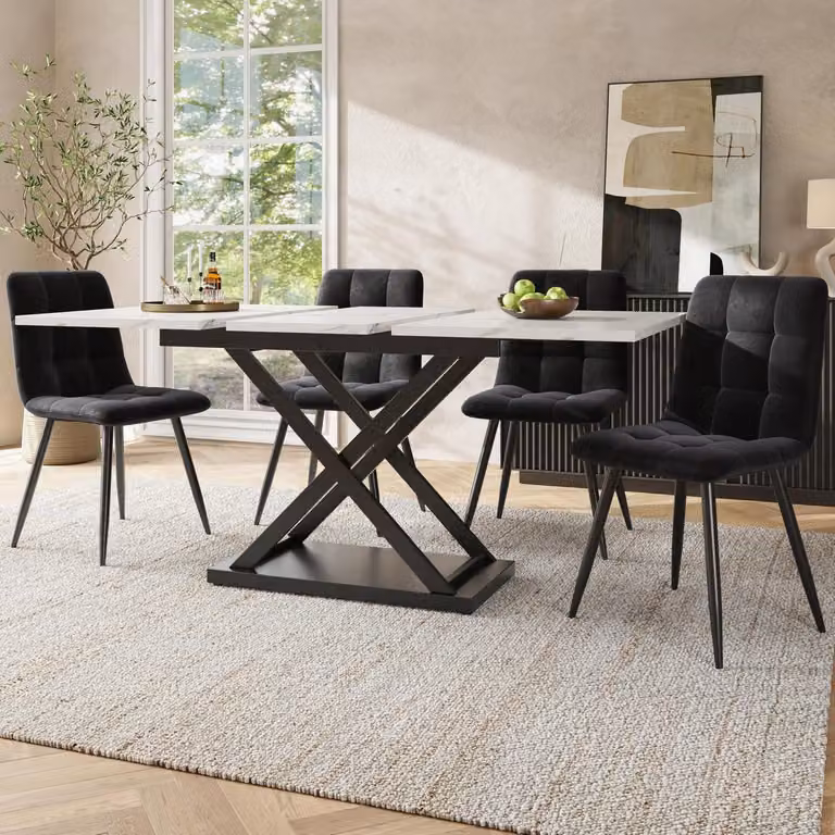 Tavolo da pranzo estendibile con 4 sedie, bianco, dimensioni 160x80x75 cm, sedie in velluto nero