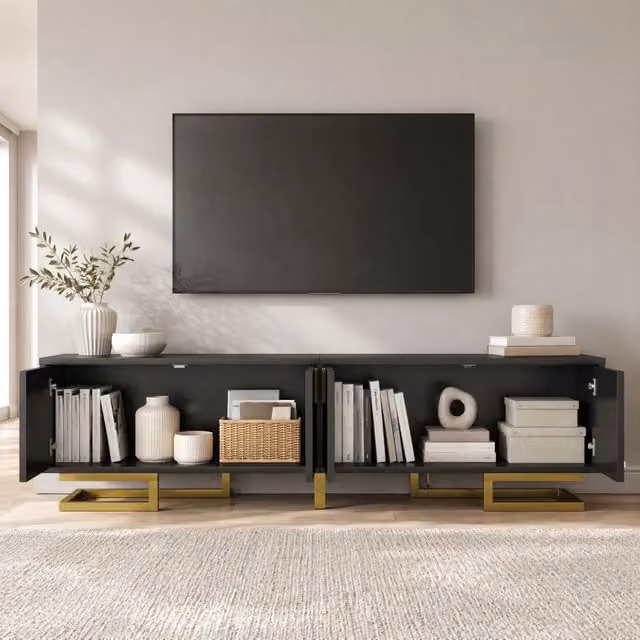 Mobile TV 160x38x44,5 cm nero in particle board, 4 ante con ripiani
