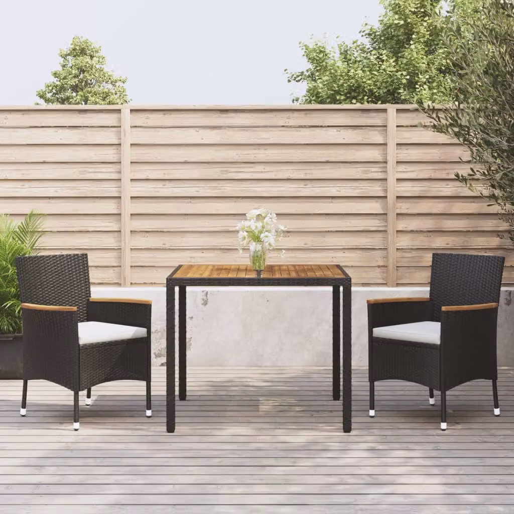 Set da pranzo da giardino vidaXL in polyrattan e legno di acacia con cuscini, colore nero e bianco