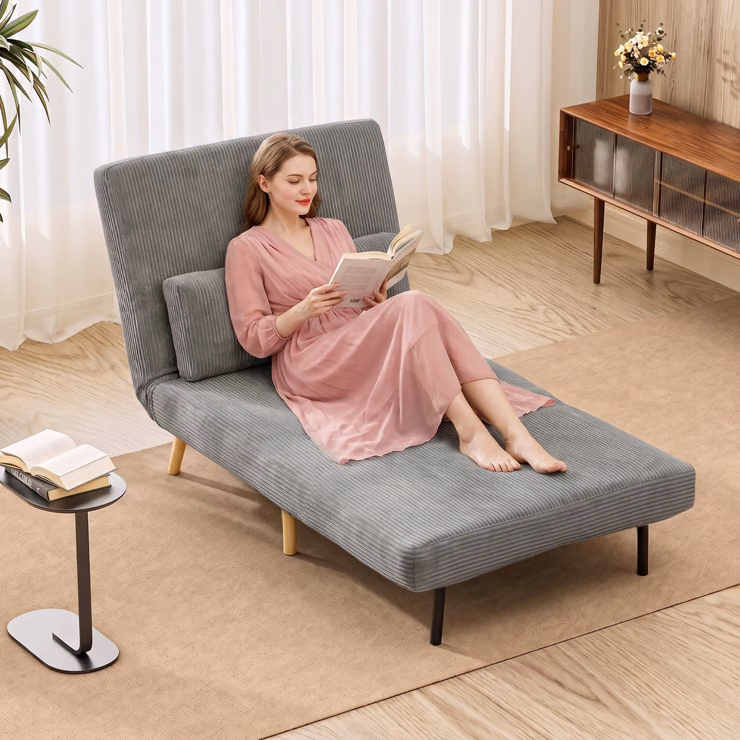 Poltrona Letto 3 in 1 HOMCOM in Tessuto a Coste con Schienale Regolabile, Grigio Scuro – 2
