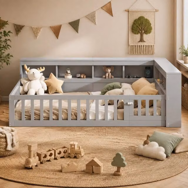Letto matrimoniale a piattaforma 140 × 200 cm con rete a doghe prese USB vano laterale grigio