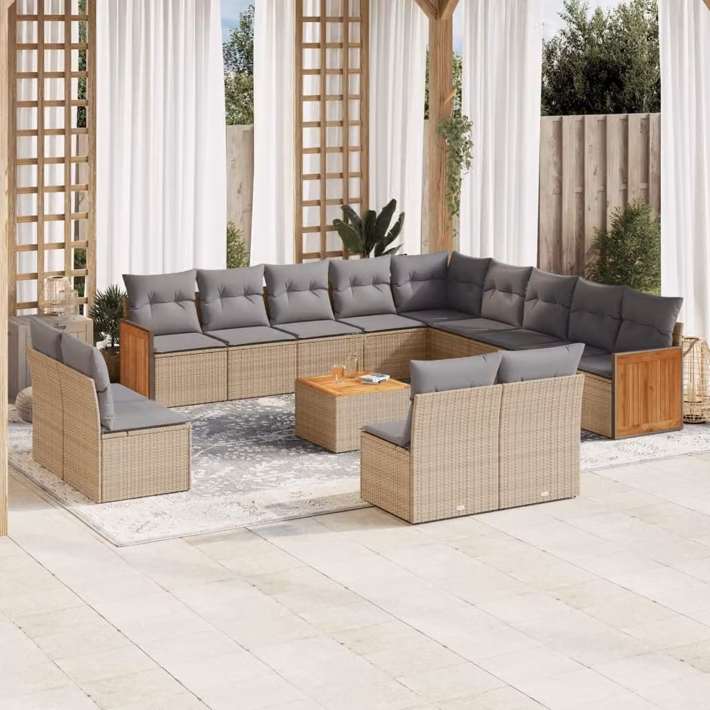 vidaXL Set Divani da Giardino a Forma di U in Polyrattan Beige con Cuscini e Tavolino da Esterno – 1