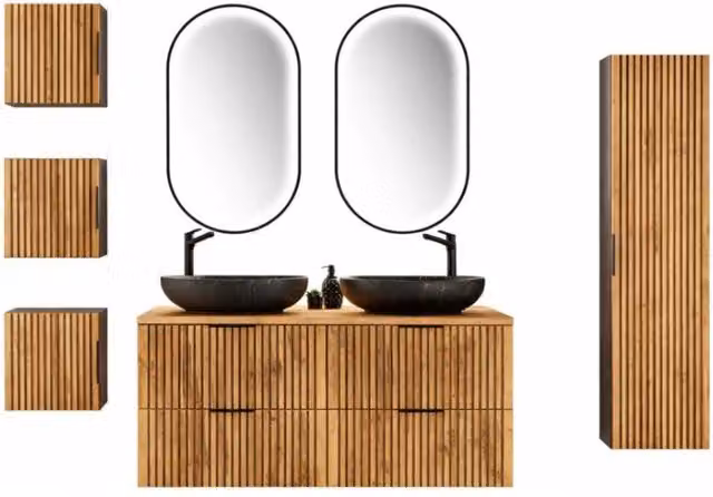 Set KINOKO Meublorama per bagno con mobili sottolavabo, 2 lavabi neri rotondi da appoggio, 2 specchi con illuminazione LED e mobili contenitori, Colore Grigio Antracite e Rovere – 1
