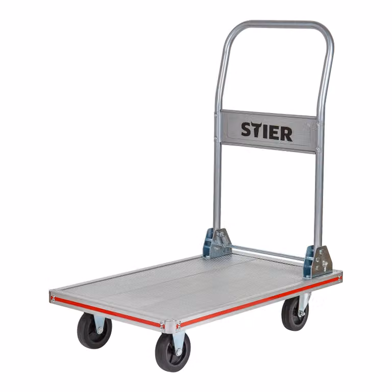 Carrello a piattaforma STIER, alluminio, carrello di trasporto, pieghevole, portata 150 kg, superficie di carico 680 x 415 mm, carrello pieghevole in alluminio, protezione per i bordi, ausilio per il trasporto con ruote piroettanti