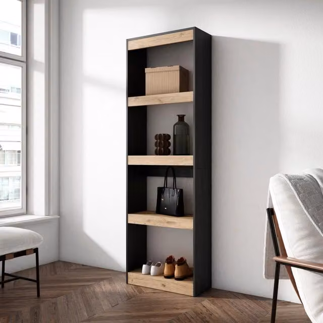 Libreria a scaffale SKRAUT HOME per soggiorno e ufficio, colore Rovere e nero, L: 60 cm, P: 25 cm, H: 186 cm