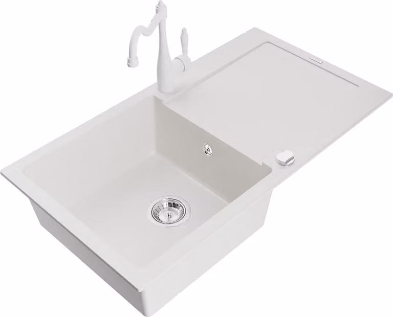 Mexen Leo lavello in granito ad 1 vasca con scolapiatti e rubinetto da cucina Carla, bianco - 6501-20-670700-20