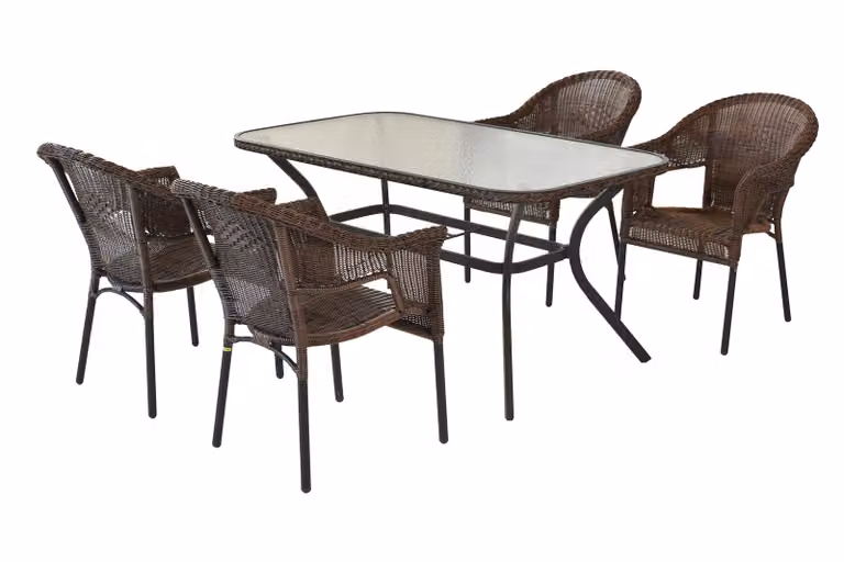 Merxx Ravenna Set di mobili da giardino 5 pezzi, 4 poltrone impilabili, tavolo 150 x 85 cm, color cioccolato - alluminio/polyrattan