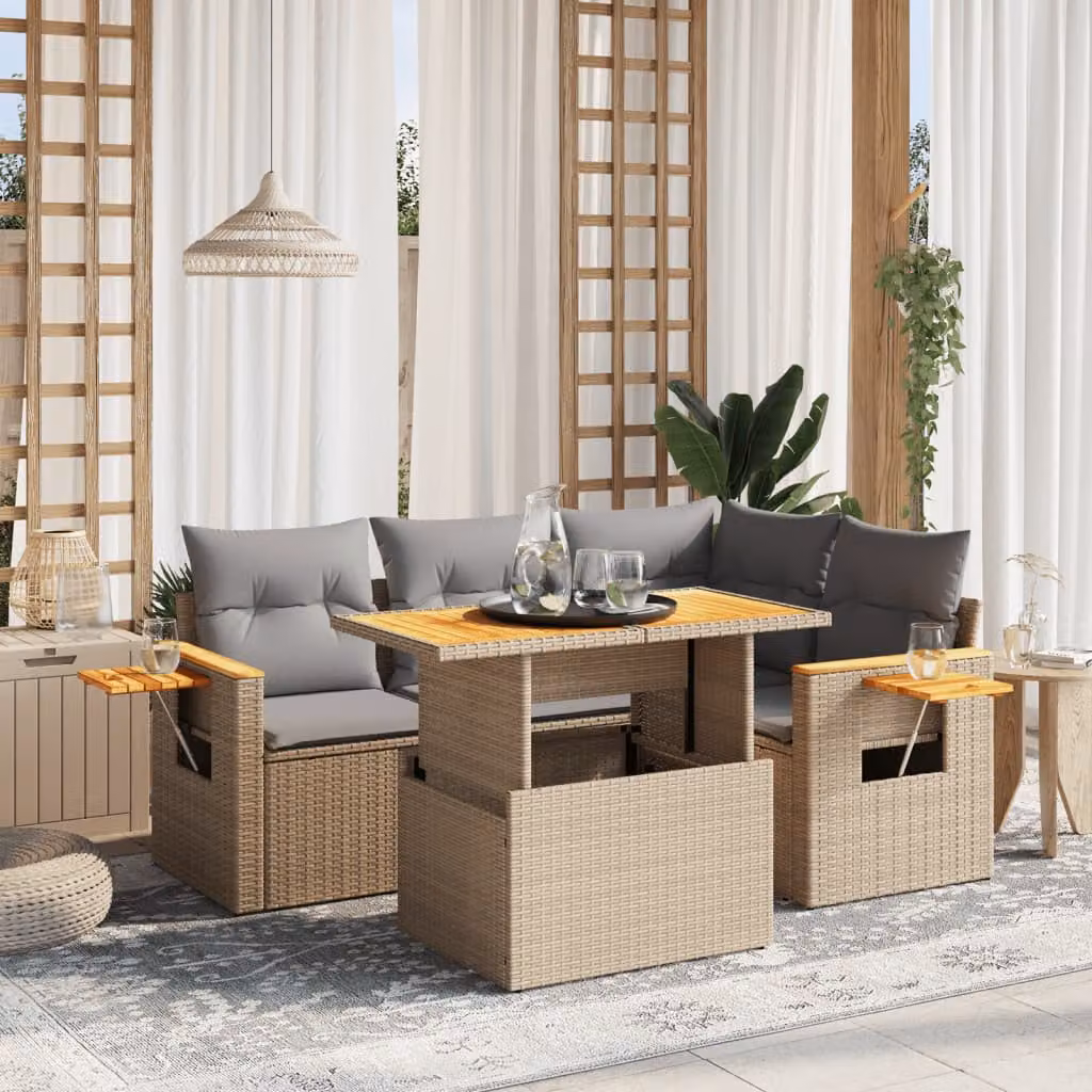 vidaXL Set Divano da Giardino 5 pz a L in Polyrattan con Cuscini Beige e Tavolino da Esterno – 1