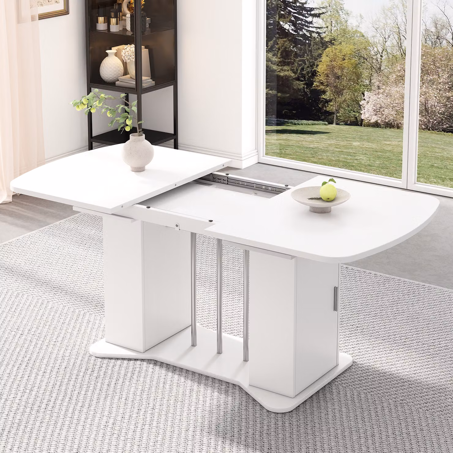 Tavolo da pranzo ovale Flieks Tavolo da cucina con armadio, tavolo da pranzo allungabile, tavolo da lavoro con piano allungabile, bianco, 120/160