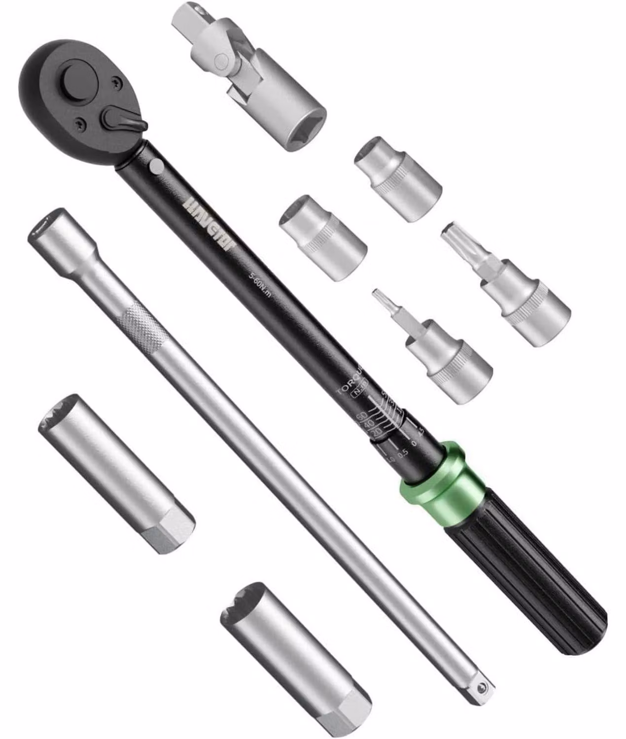Chiave dinamometrica da 3/8", 5-60 Nm, per biciclette, motociclette e automobili, set con prolunga e adattatore per candele