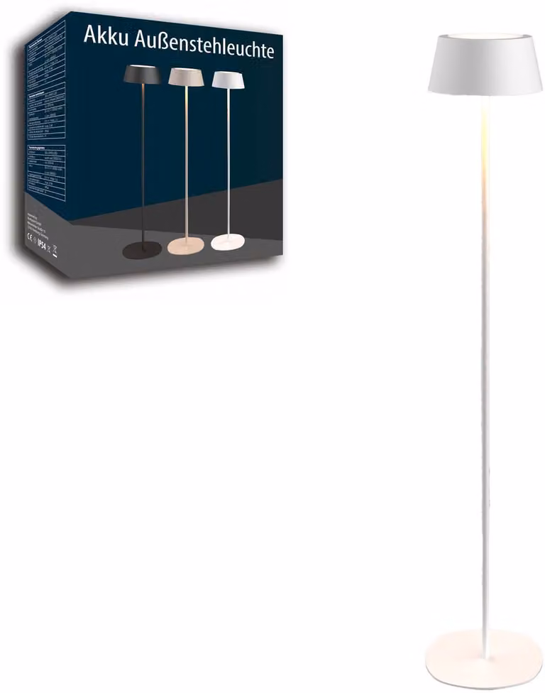Lampada da terra a LED ricaricabile Northpoint in metallo, per interni ed esterni, luce bianca calda, dimmerabile, senza fili, bianca