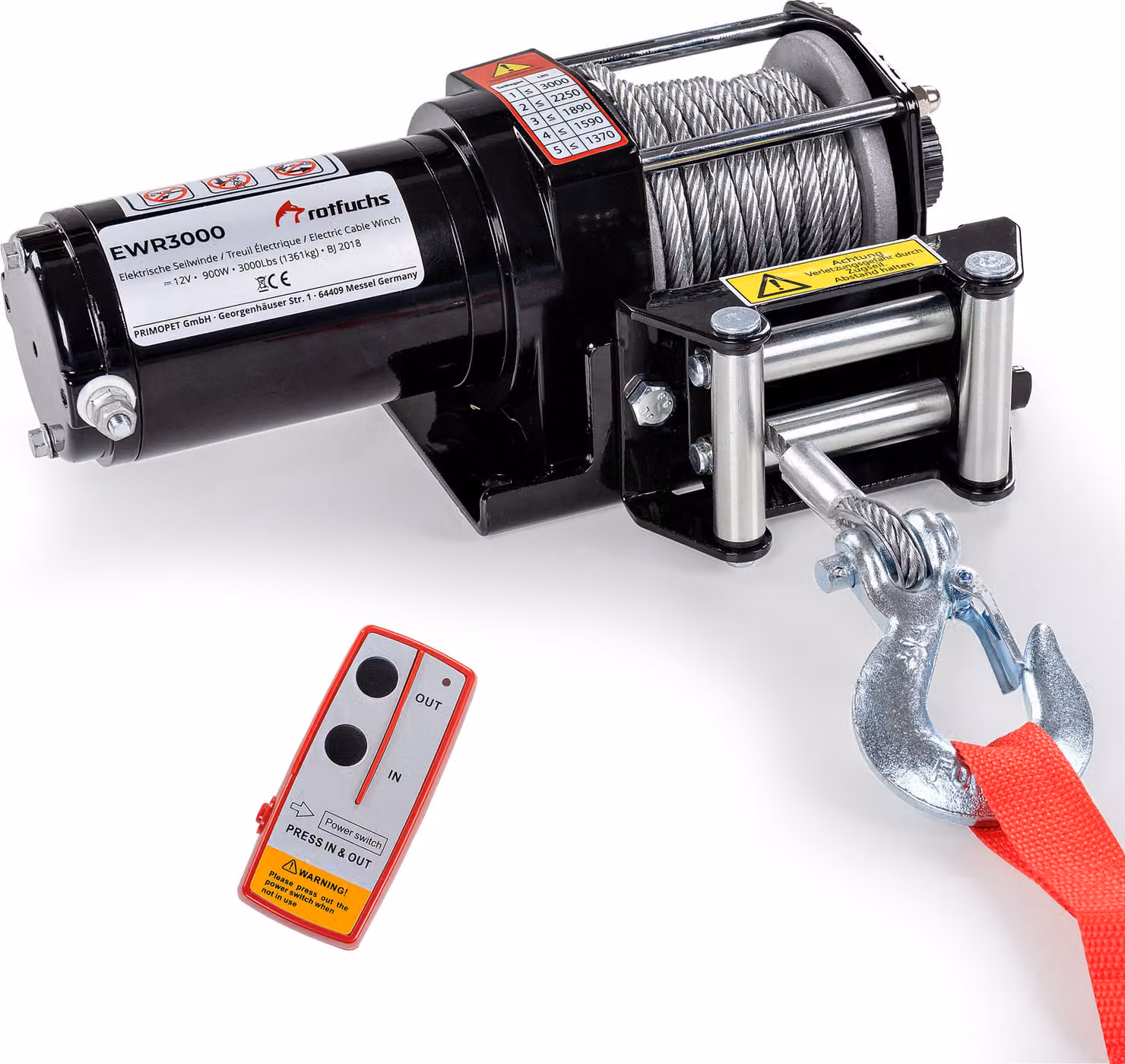 ROTFUCHS Verricello elettrico 12 V con telecomando – Verricello fuoristrada da 1360 kg / 3000 lb, verricello elettrico a fune, fune in acciaio da 9,2 m, nero