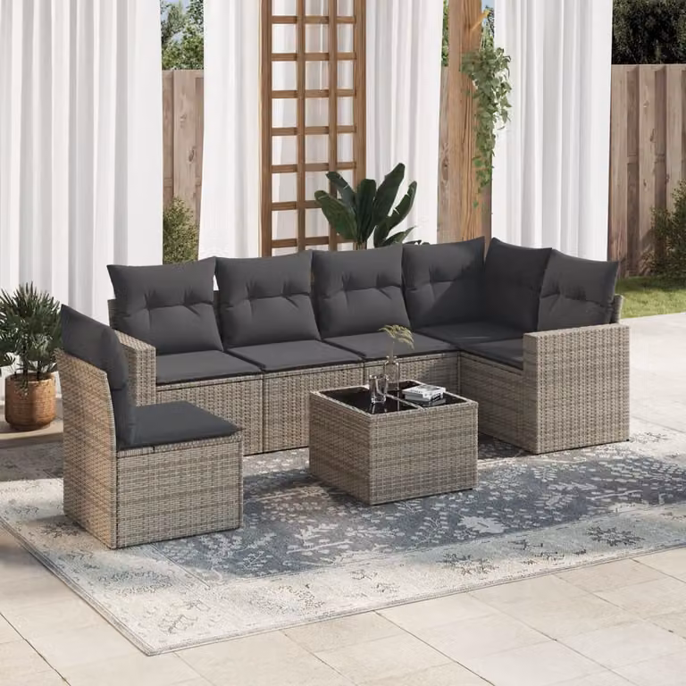 vidaXL Set Divani da Giardino 7 pz a Forma a L con Tavolino in Polyrattan e Cuscini Grigio