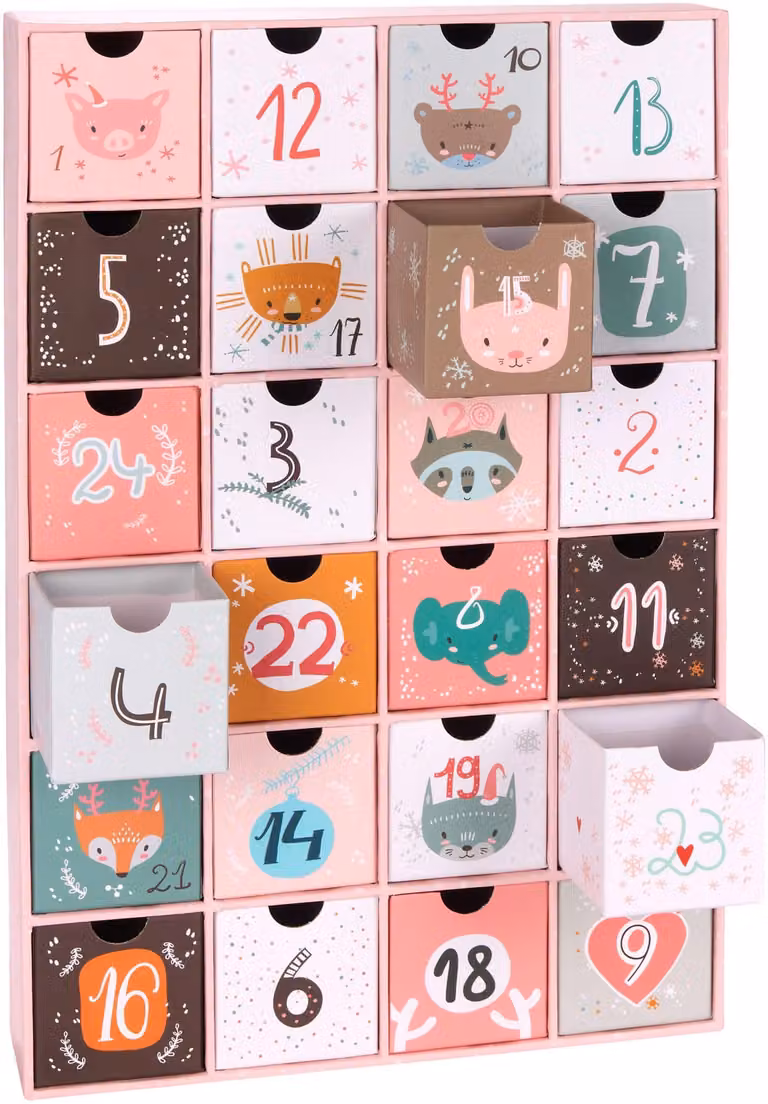 Calendario dell'Avvento BruBaker riutilizzabile – Natale a tema animali, rosa – Calendario natalizio con 24 scomparti per buoni regalo e dolcetti – 39 cm – Cartone