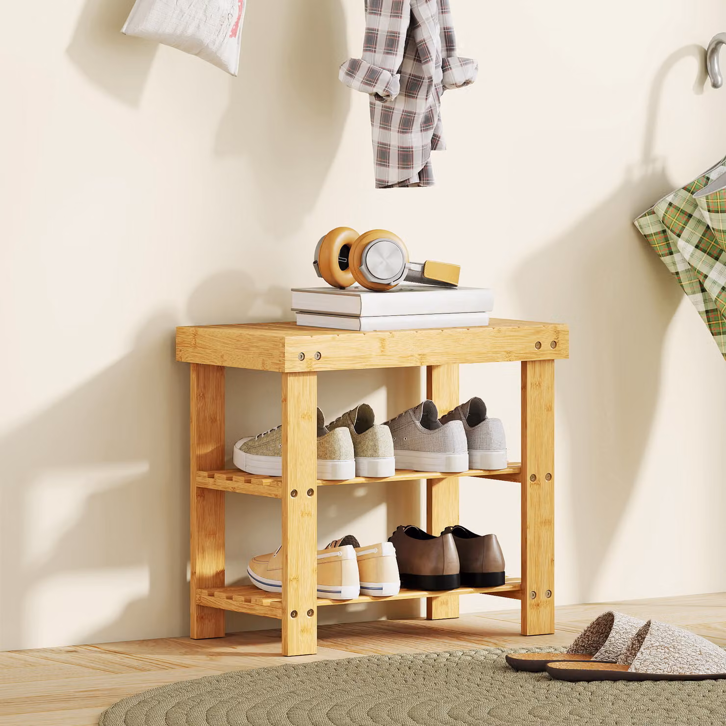 Panca porta scarpe HOMCOM in bambù con 2 ripiani e seduta, scarpiera per ingresso, L: 50 cm, P: 28 cm, H: 45 cm, colore naturale – 2