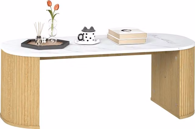 Tavolino ovale HOMCOM con effetto marmo bianco e angoli arrotondati, L: 110 cm, P: 50 cm, H: 40 cm – 1