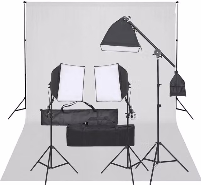 Kit per studio fotografico professionale con illuminazione LED e fondali bianco e nero regolabili