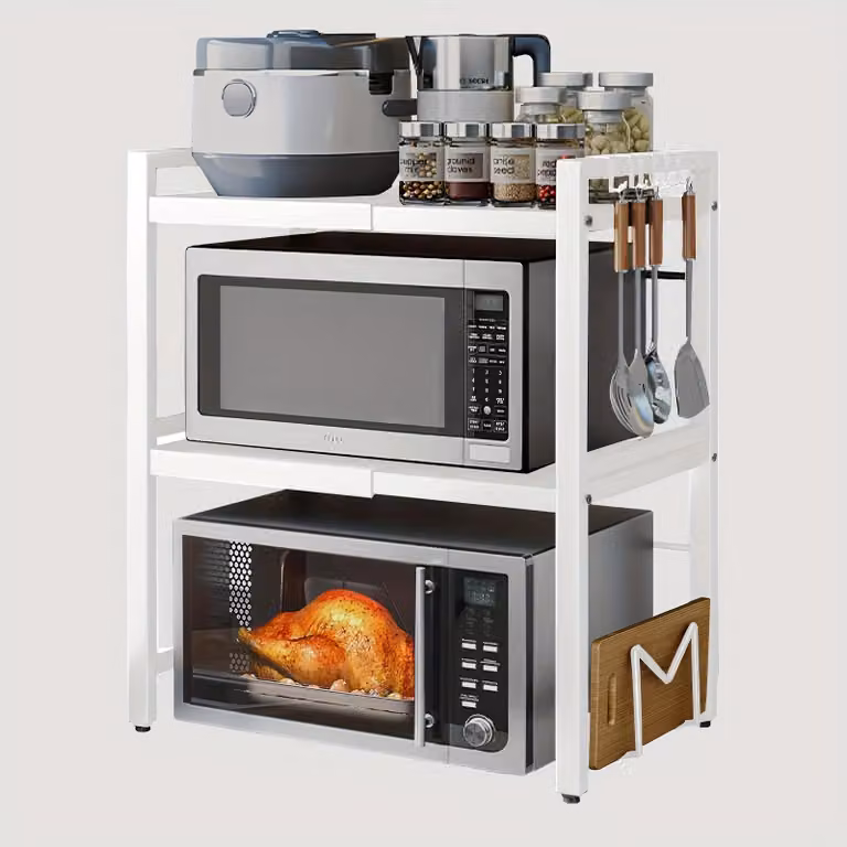 portarifiuti per microonde a 3 livelli, bianco, estensibile con 6 ganci, regolabile in altezza e lunghezza 40-64 cm - portaspezie, supporto per microonde