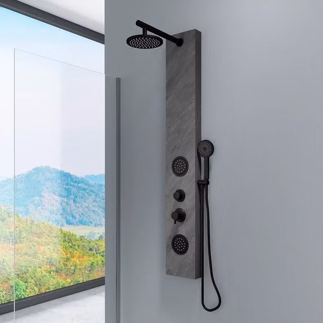 Pannello doccia 150x22cm in acciaio inox effetto cemento a 3 funzioni con doccino e flessibile | Bigar