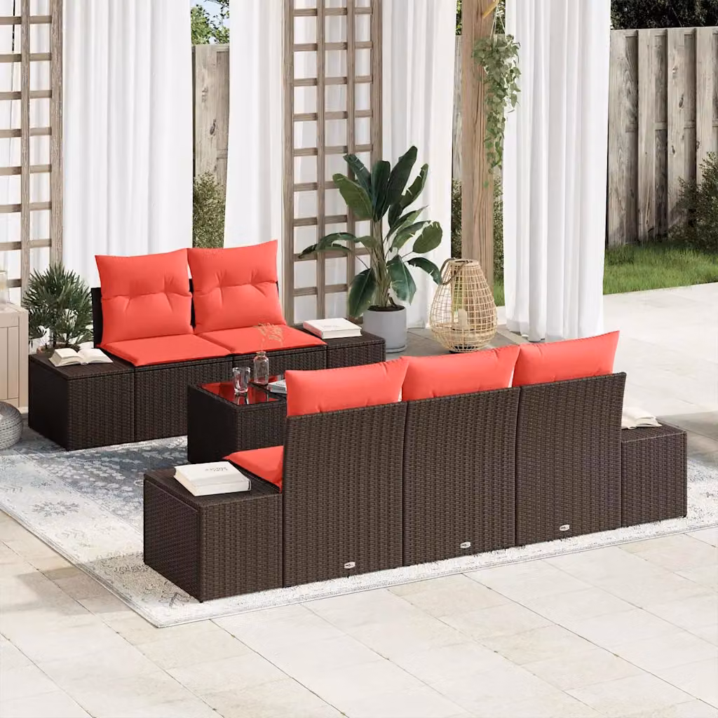 Set Divano da Giardino vidaXL 6 Pezzi a Forma di L con Tavolino, Colore Marrone e Cuscini Inclusi