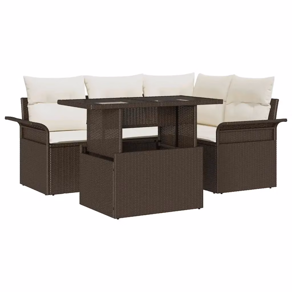 Set Divano da Giardino a L vidaXL 5 Pezzi Marrone con Cuscini e Tavolino in Polyrattan e Acciaio – 2