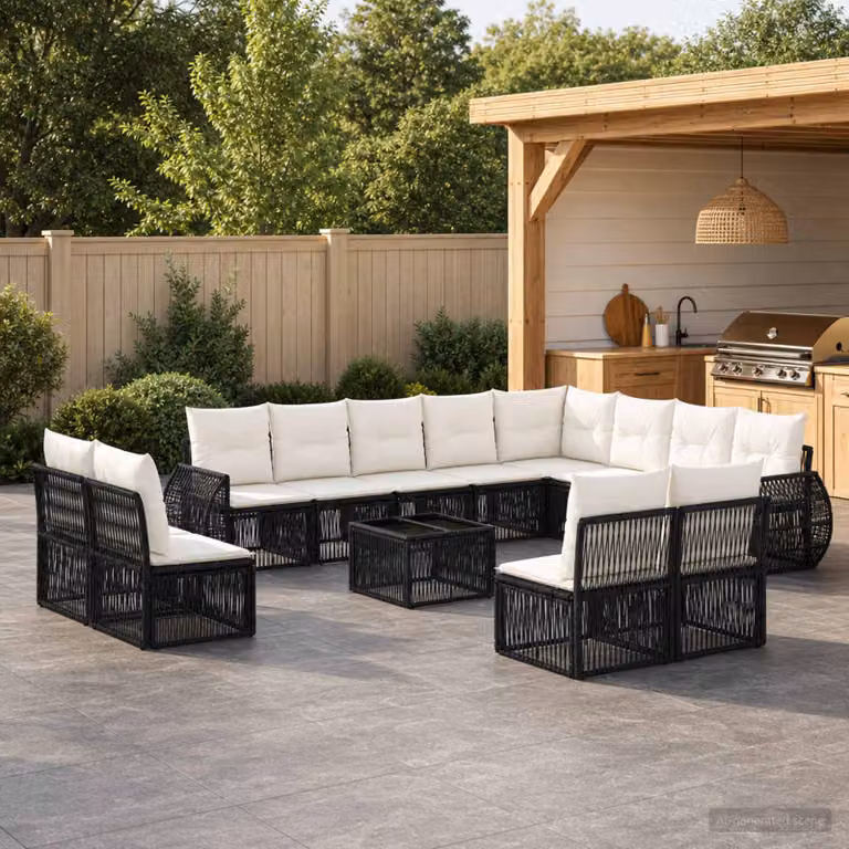 Set Divano da Giardino vidaXL a forma a U in Polyrattan con Tavolino e Cuscini, Nero e Bianco