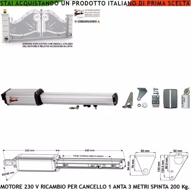 Motore Elettromeccanico Securvera per Cancello Automatico a 1 Anta da 3 Metri, Pistone 230 V con Corsa 500 mm, Sblocco a Chiave e Finecorsa Meccanici, Completo di Staffe e Bulloni in Acciaio Zincato