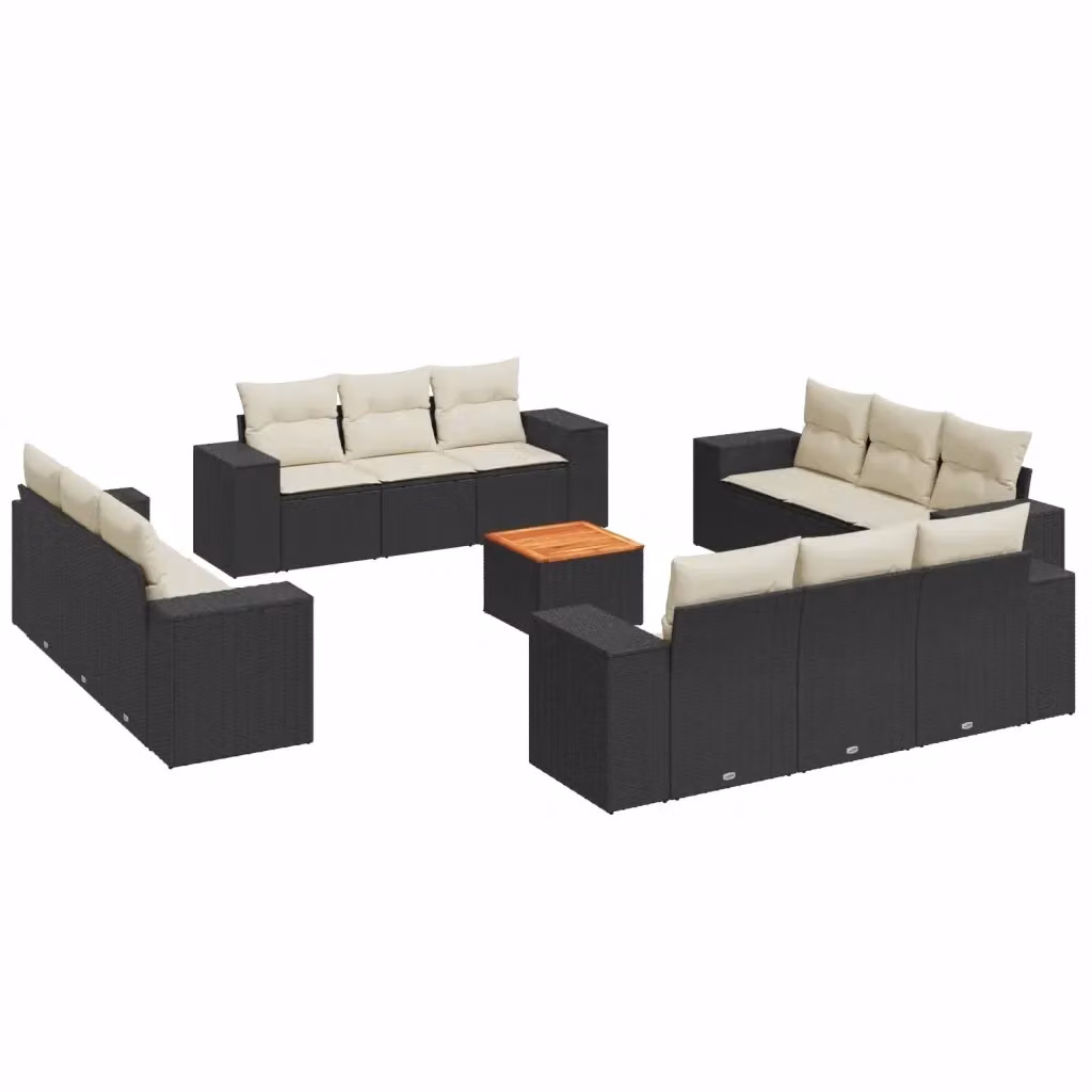vidaXL Set Divani da Giardino 13pz in Polyrattan con Cuscini e Tavolino, Design Moderno a Forma di U, Nero e Bianco – 2