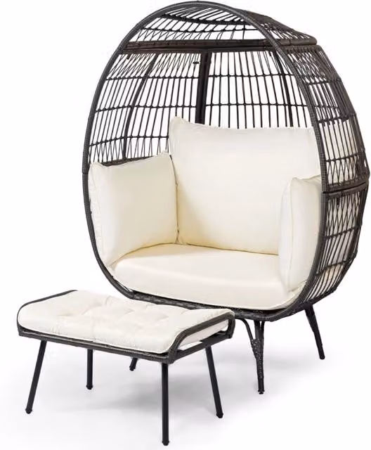 Poltrona uovo in rattan set da 2 pezzi di a cestino in rattan patio con cuscini morbidi, Poltrona a uovo con poggiapiedi scuro-Poltrone e sdraio