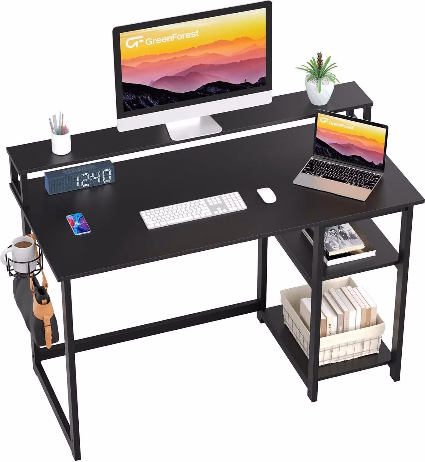 Scrivania da gioco nera 100x50cm con ripiano e supporto per monitor