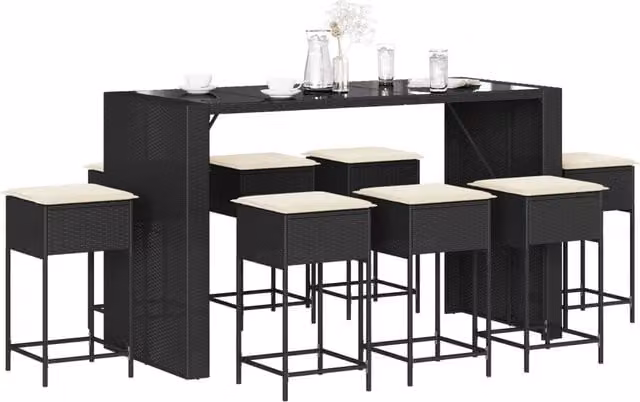 Set Bar da Giardino 9 pz con Cuscini in Polyrattan Nero 3261513