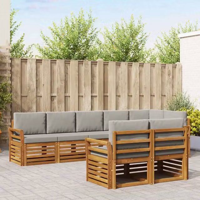 Set di divani da esterno a L vidaXL in legno di acacia con cuscini grigi – 1