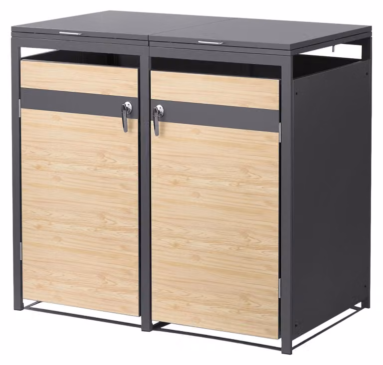 Contenitore per bidoni della spazzatura ML-Design, modello a 2 scomparti, per 2 bidoni da 240 litri, dimensioni 132x80x120 cm, finitura effetto legno di larice antracite, acciaio, resistente agli agenti atmosferici e con chiusura a chiave