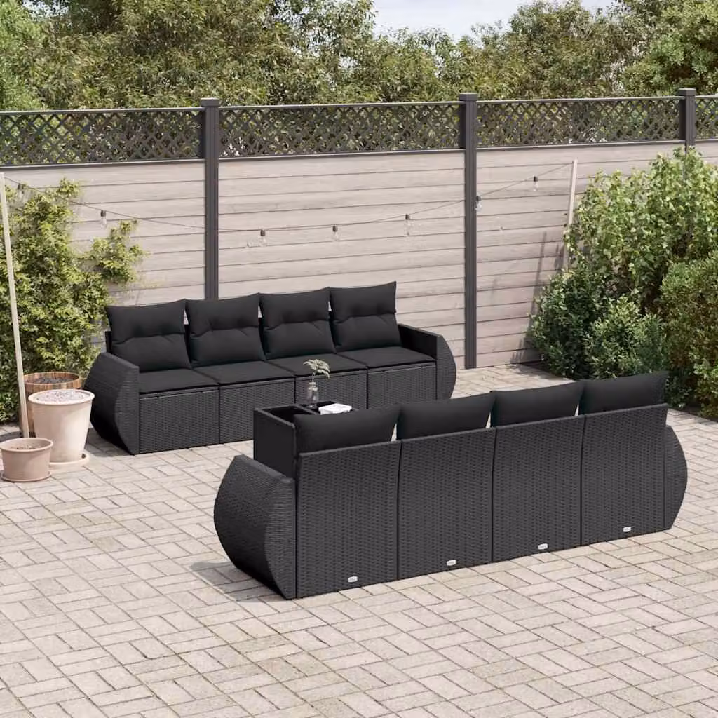 vidaXL Set Divani da Giardino 9 pz in Polyrattan Nero con Cuscini e Tavolino da Esterno – 1
