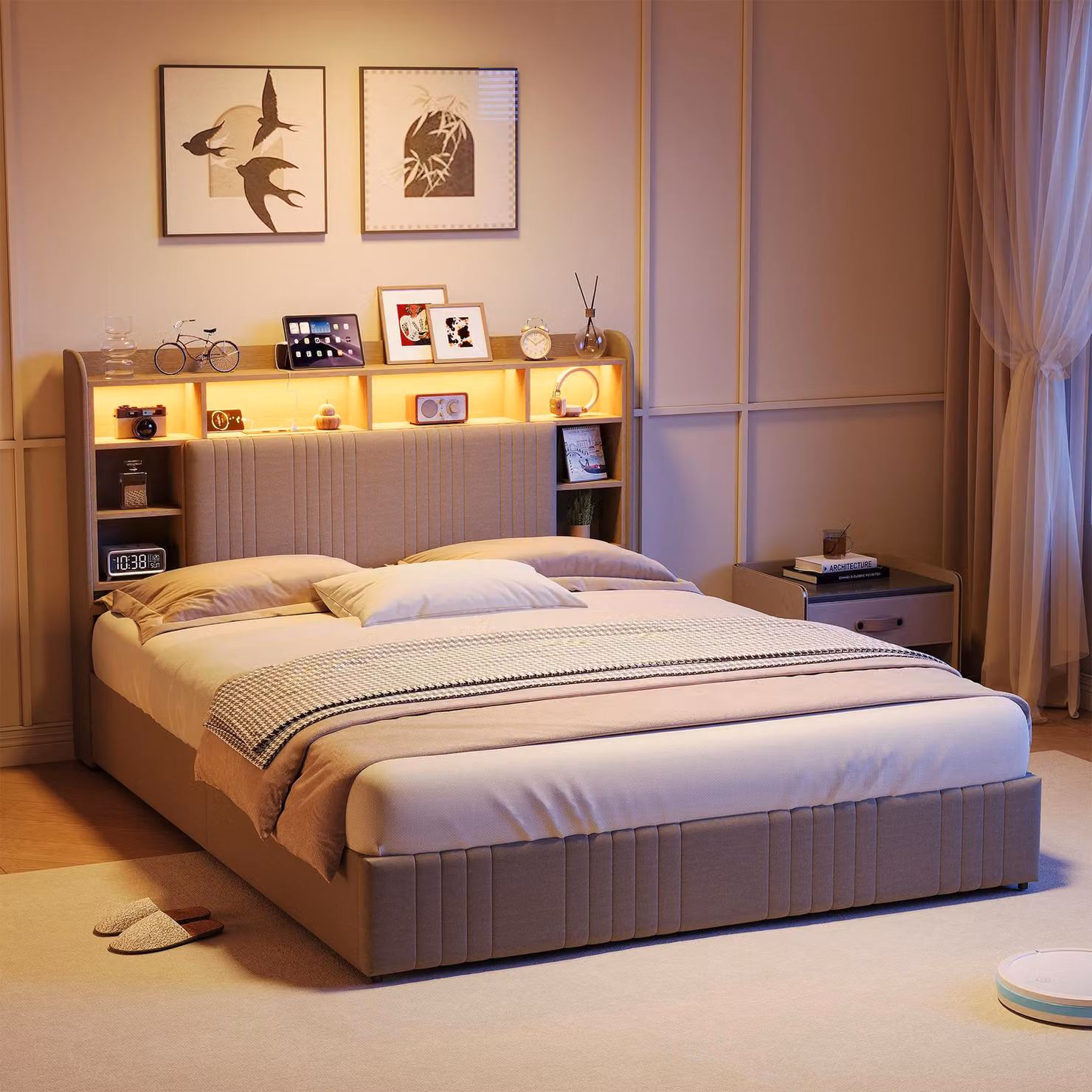 UnboxG Letto imbottito 140x200 cm beige con 4 cassetti, letto con contenitore, testiera con mensola, illuminazione a LED e funzione di ricarica USB, letto matrimoniale con struttura in tessuto di lino