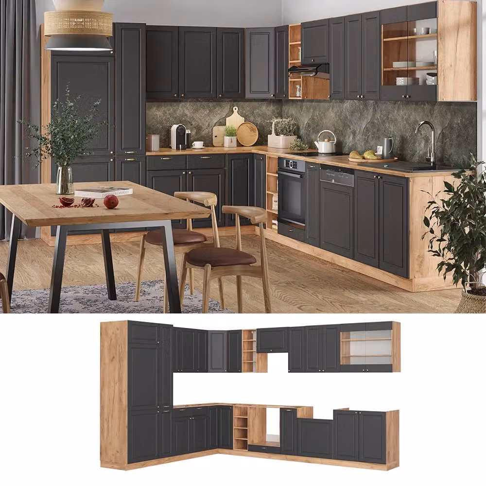 Cucina angolare completa Vicco Fame-Line Oro-antracite e Rovere dorato, stile rustico, L: 347 cm x P: 257 cm (senza piano di lavoro) – 2
