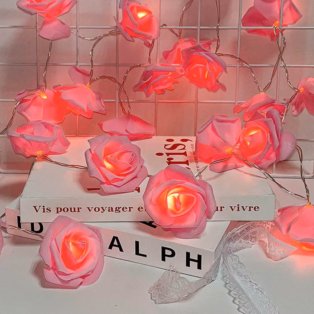 Catena luminosa a LED con forma di rose, 20 fiori, alimentata a batteria. Ghirlanda romantica a forma di rose, ideale per San Valentino, matrimoni, feste e decorazioni, colore rosa