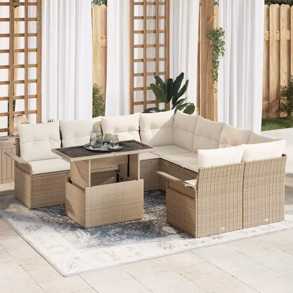 Set Divano da Giardino a L vidaXL in Polyrattan Beige con Tavolino in Vetro e Cuscini, 9 Pezzi – 1