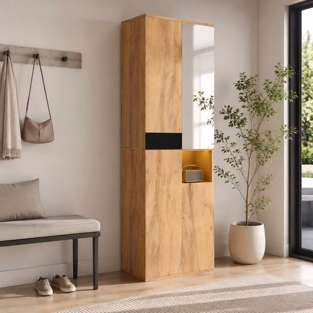 Armadio Mivray a quattro ante con specchio, vano aperto e illuminazione integrata, finitura nero e naturale, L: 65 cm, P: 35 cm, H: 190 cm