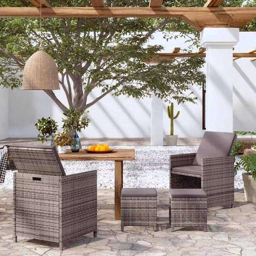 Set di 4 sedie da giardino con poggiapiedi vidaXL in polyrattan grigio con cuscini inclusi