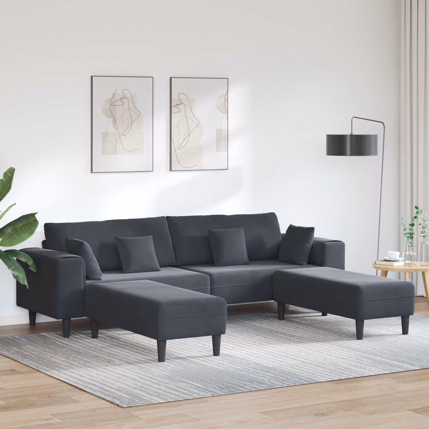Divano moderno vidaXL in velluto grigio scuro con cuscini, L: 250 cm, P: 76 cm, H: 188 cm