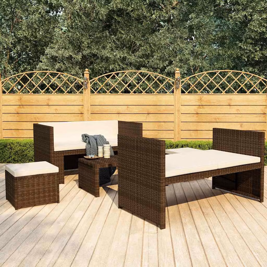 Set Divani da Giardino vidaXL 5 Pezzi a Forma di L con Cuscini e Tavolino, Polyrattan Marrone e Bianco con Struttura in Metallo