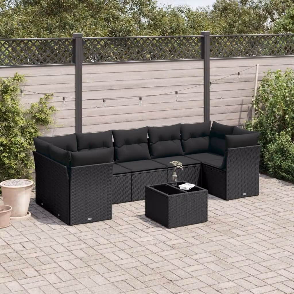 Set Divani da Giardino a L vidaXL in Polyrattan Nero con Cuscini e Tavolino da Esterno