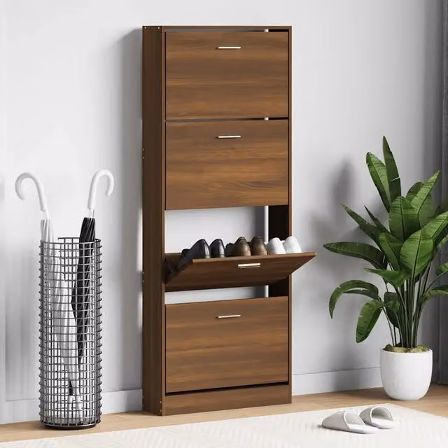 Scarpiera moderna vidaXL in legno rovere marrone con scomparti basculanti e ripiani, L/P/H: 59 x 17 x 150 cm