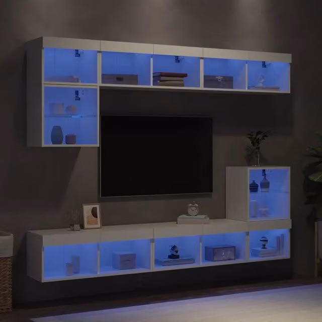 Mobili TV a Muro con LED 8pz-Set di 8 Credenza per TV sospesa Bianchi in Legno Multistrato